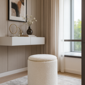 cream round boucle vanity stool item #d 1