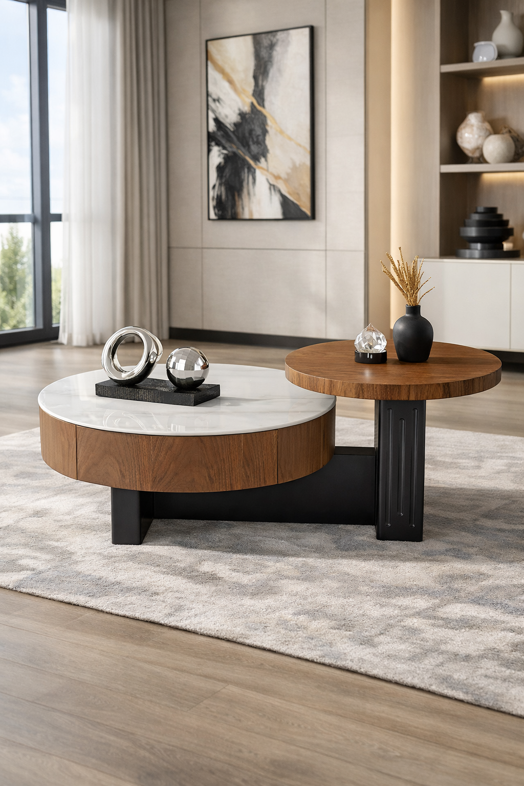 modern walnut round coffee table set – item #a26 130 modern walnut round coffee table set – item #a26 130