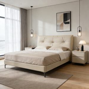 queen real leather upholstered bed – item #q03