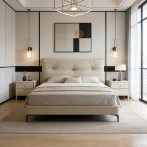 queen real leather upholstered bed – item #q03