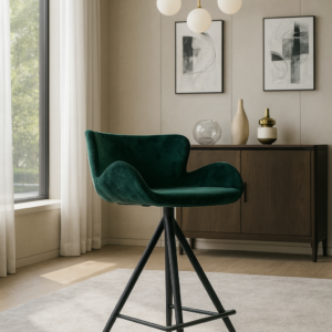 blue velvet bar height stool – carbon steel legs