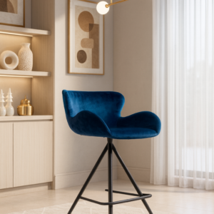 blue velvet bar height stool – carbon steel legs