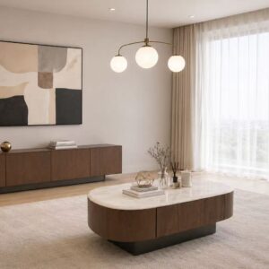 modern walnut coffee table with stone top – item #b69 1000