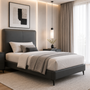 single real leather real bed dark grey– item #2239