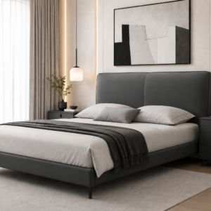 queen real leather bed dark grey– item #2239
