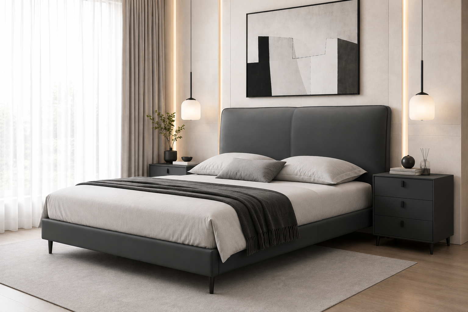 queen real leather bed dark grey– item #2239 queen real leather bed dark grey– item #2239