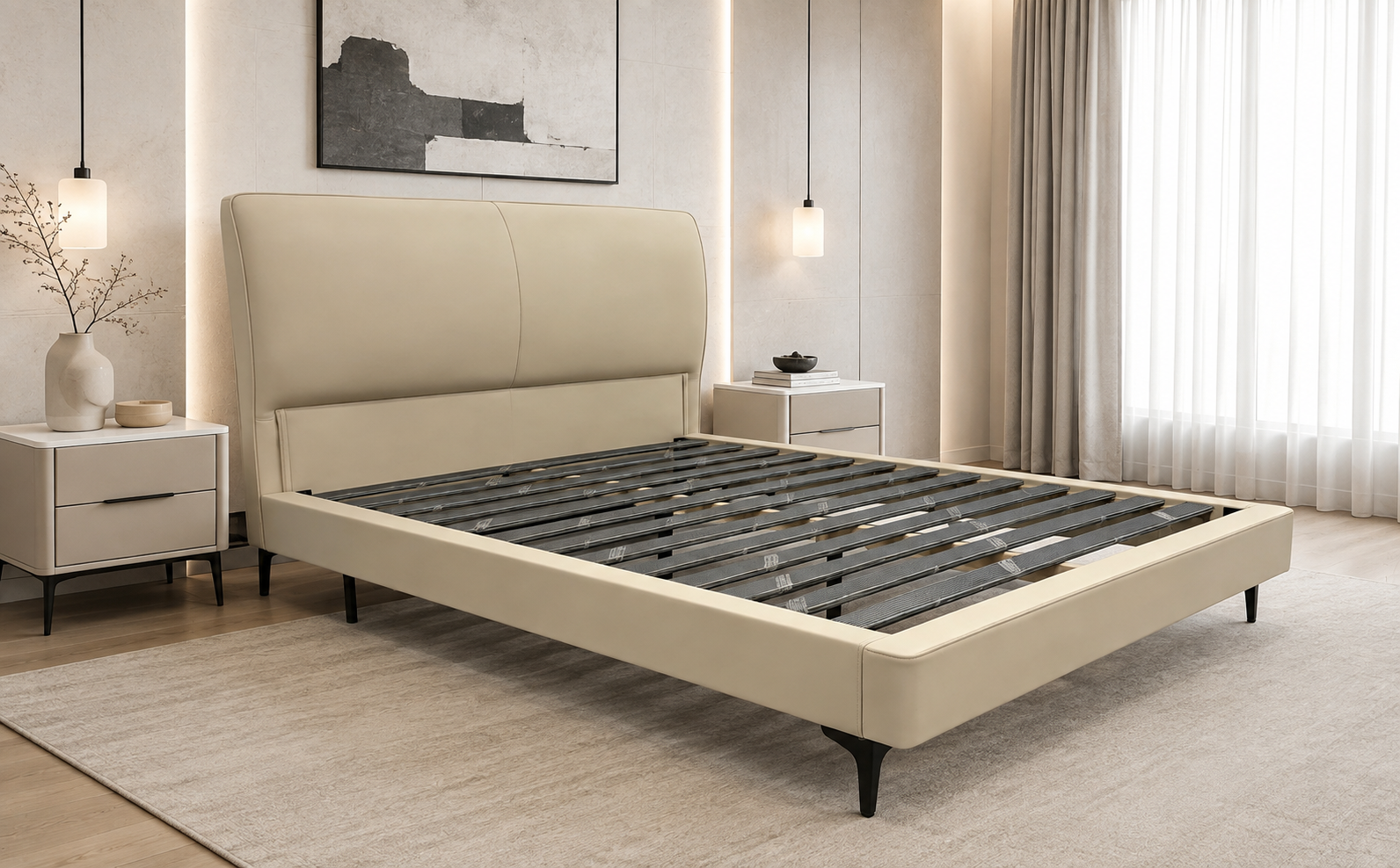 queen leather bed beige– item #h511be queen leather bed beige– item #h511be