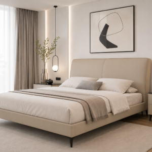 queen leather bed beige– item #h511be