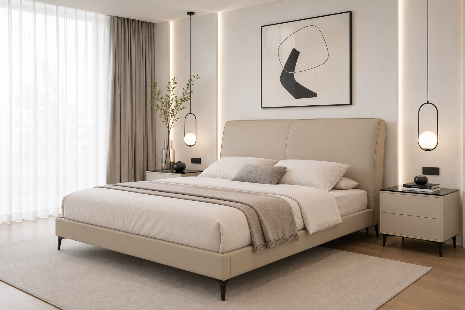 queen leather bed beige– item #h511be queen leather bed beige– item #h511be