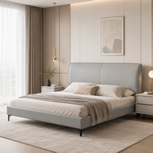 queen leather bed light grey– item #h511